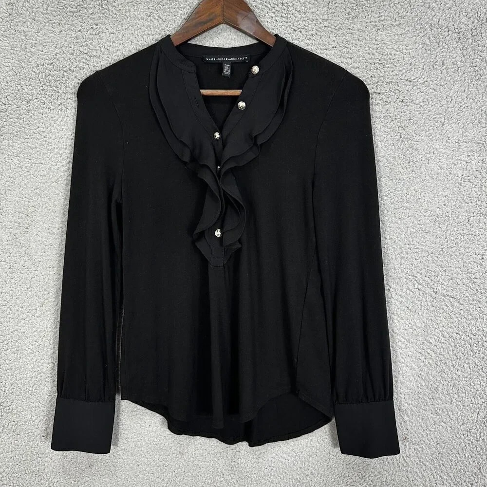 white‎ house black market top womens XSP black button accent ruffle long sleeve